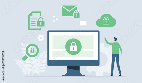 business data protection and internet cyber security concept . people working with computer monitor screen  locks. flat vector illustration design

