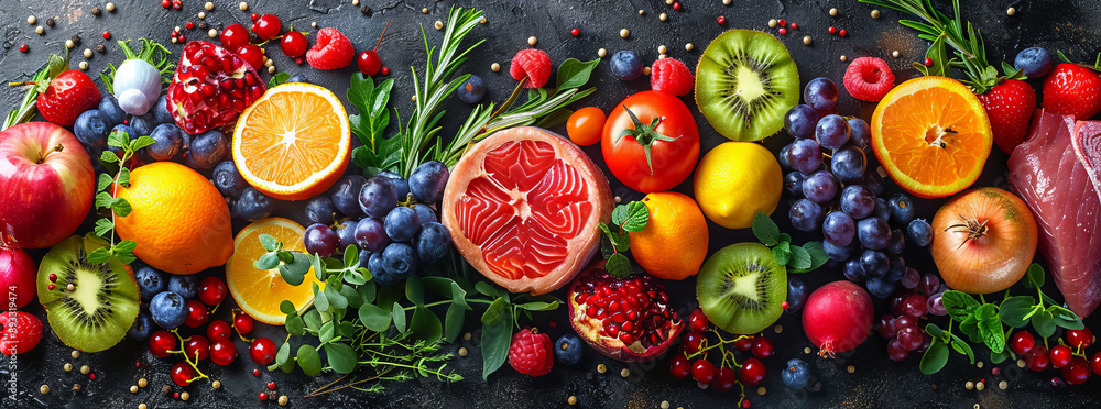 fresh food banner, colorful, beautiful, veggies, lamb meat, beef meat, fish, fruit.generative ai fresh food banner, colorful, beautiful, veggies, lamb meat, beef meat, fish, fruit.generative ai