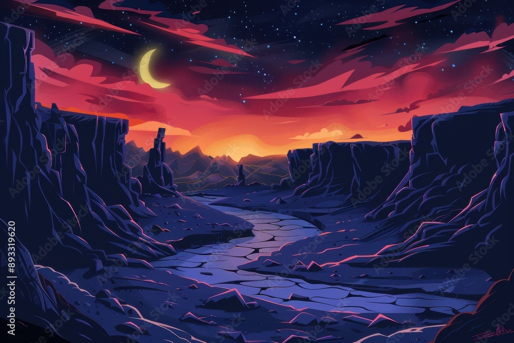 Obraz premium Desert Canyon Landscape with Setting Sun and Crescent Moon