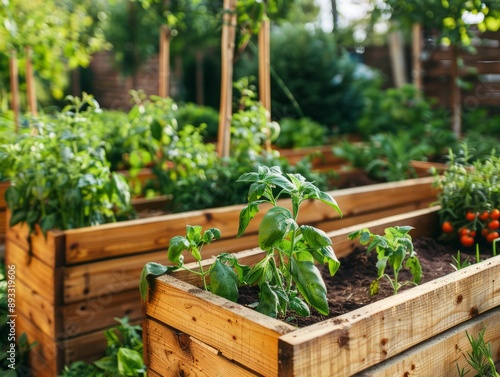 Enchanting Herb and Tomato Garden Beds: Aesthetic Wooden Elegance Captured in Soft Focus - 