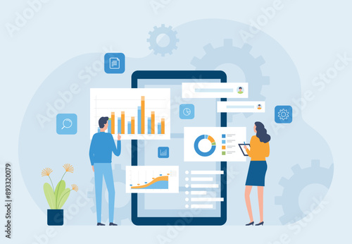 business data analytics report design concept. and flat vector illustration business finance investment monitor dashboard. people team working concept	
