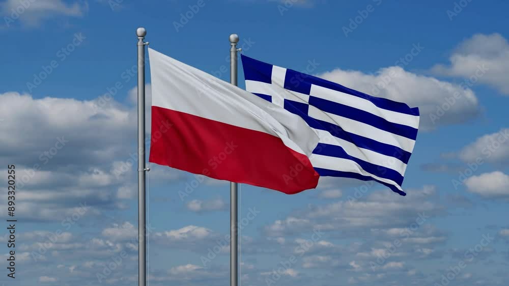 Greece and Poland flags flying together, video concept of the relationship, two country relations concept Greece and Poland flags flying together, video concept of the relationship, two country relations concept