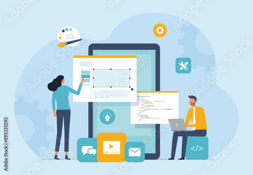 flat vector business mobile application developer and graphic design team working concept