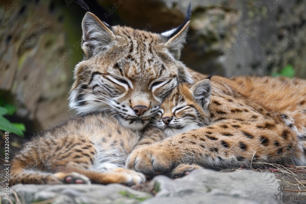 Bobcat adult and kitten, mother and kitten Bobcat adult and kitten, mother and kitten