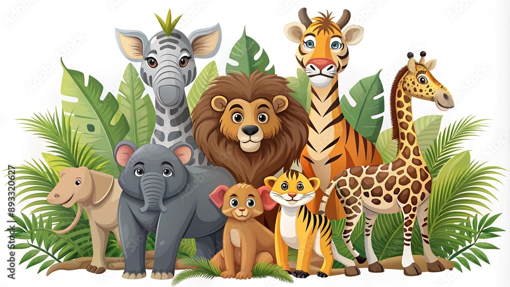 Naklejka premium A diverse group of cartoon animals from the African savanna