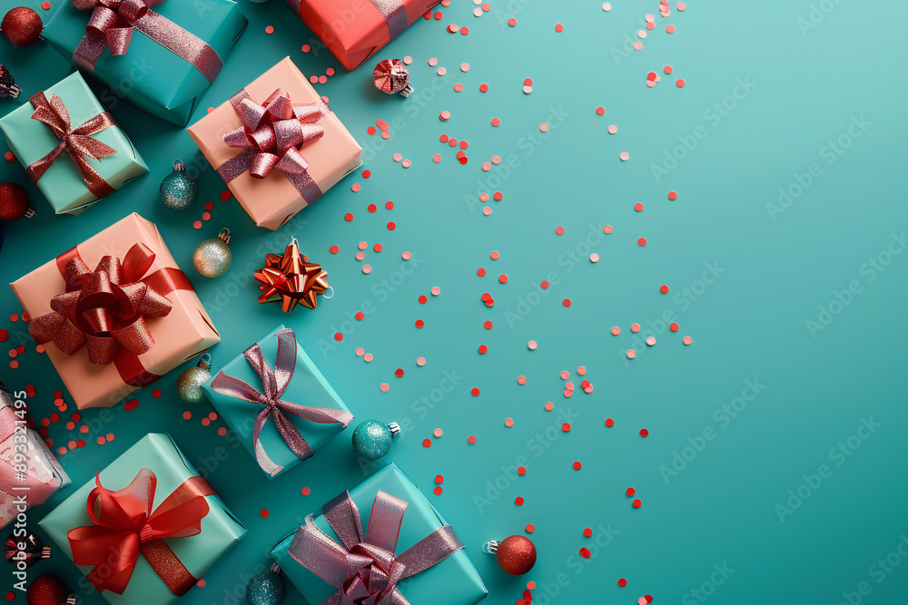 Christmas Presents with Red Bows on Turquoise Background, Festive Holiday Gifts Display Christmas Presents with Red Bows on Turquoise Background, Festive Holiday Gifts Display