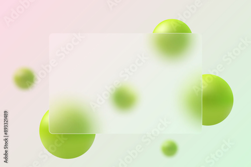 Glass rectangular banner with floating green spheres. Glass morphism background