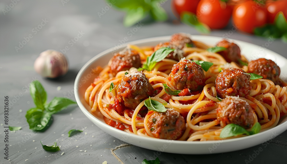 Delicious pasta with meatballs and tomato sauce on grey background Delicious pasta with meatballs and tomato sauce on grey background