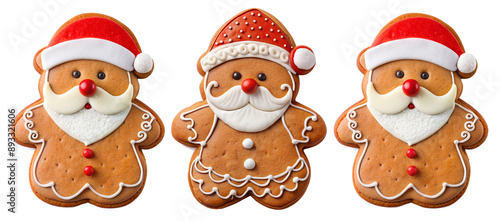 Gingerbread Santa Claus set on transparent background. Holiday and party concept. photo