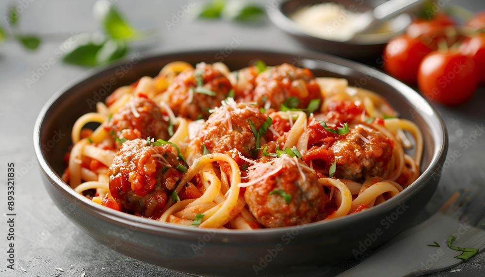 Delicious pasta with meatballs and tomato sauce on grey background Delicious pasta with meatballs and tomato sauce on grey background