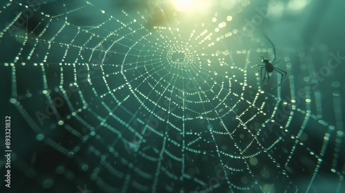 A Spider Sits in the Center of a Spider Web With Dew on It - Generative AI