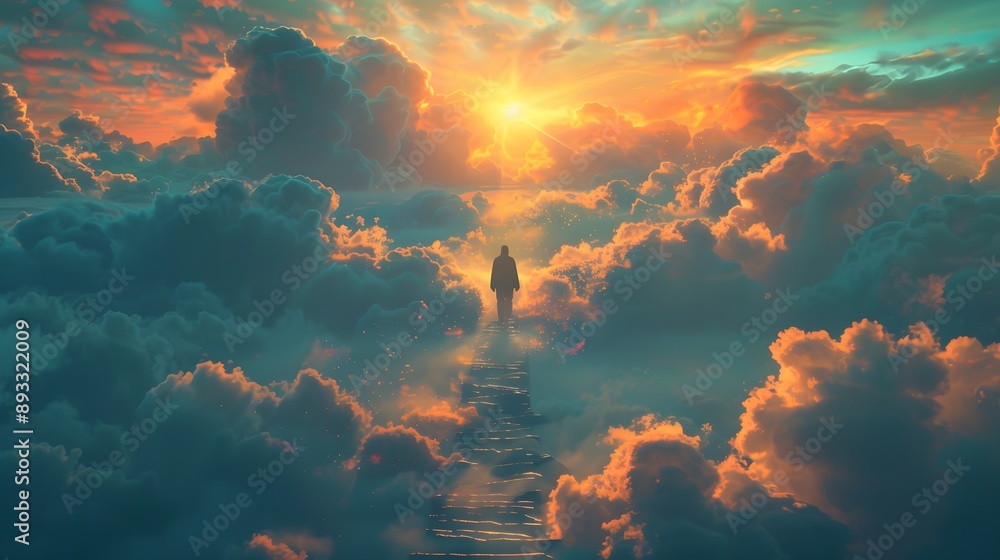 A person ascending a stairway to heaven through a sky filled with clouds, symbolizing the afterlife journey A person ascending a stairway to heaven through a sky filled with clouds, symbolizing the afterlife journey