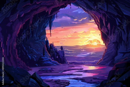 Cave Entrance Overlooking a Colorful Alien Landscape photo