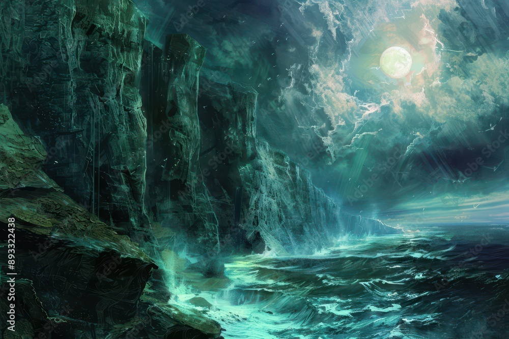 Obraz premium Mysterious moonlight illuminates stormy sea crashing against giant rock formations