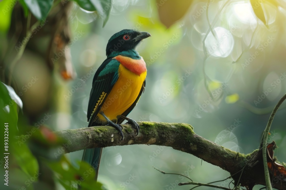 Naklejka premium Collared Trogon male in rainforest