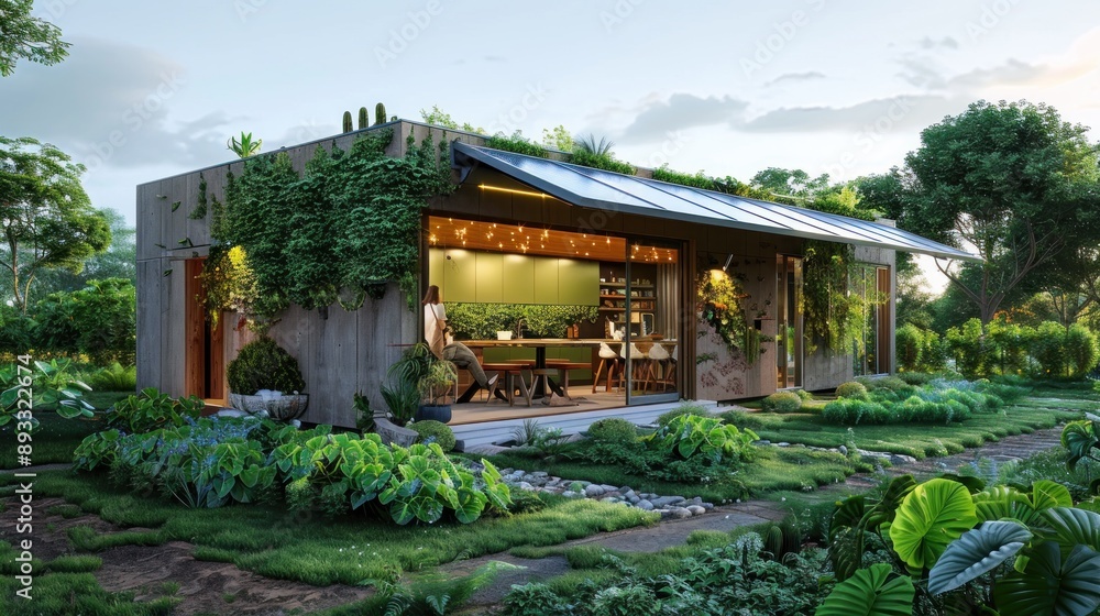 Realistic photograph of a family in an eco-friendly home with solar ...