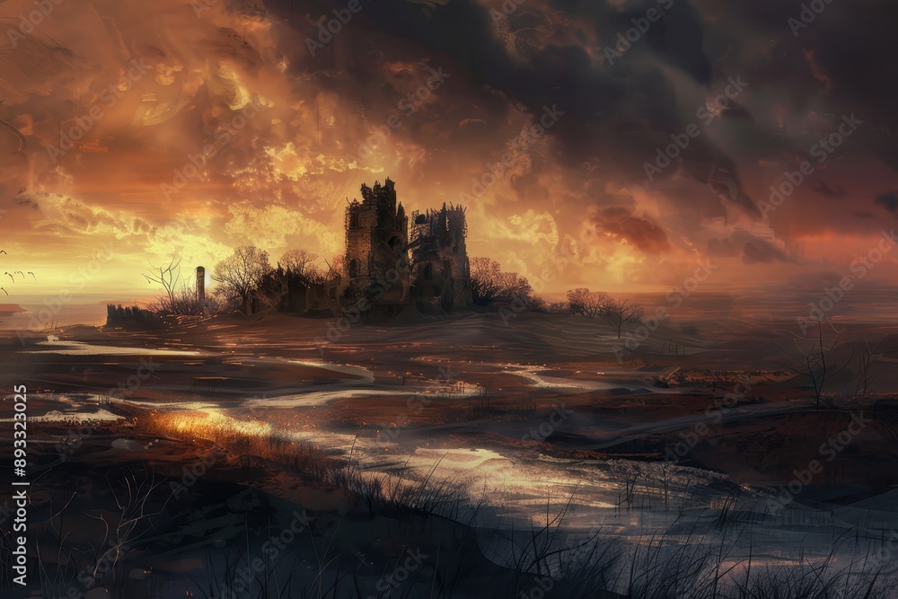 Desolate castle ruins in a postapocalyptic landscape with a stormy sky Desolate castle ruins in a postapocalyptic landscape with a stormy sky