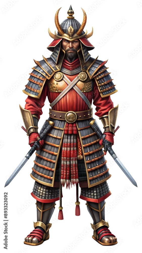 Obraz premium A samurai warrior in full armor stands ready for battle holding two swords