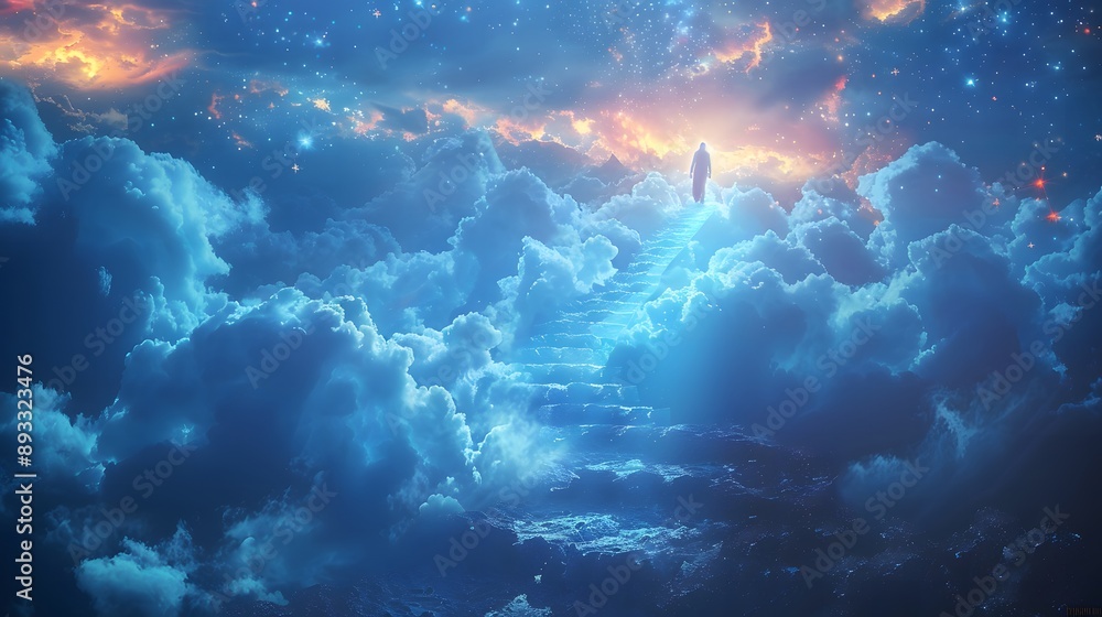 Celestial stairway through the clouds with a person ascending, symbolizing the journey to the afterlife Celestial stairway through the clouds with a person ascending, symbolizing the journey to the afterlife