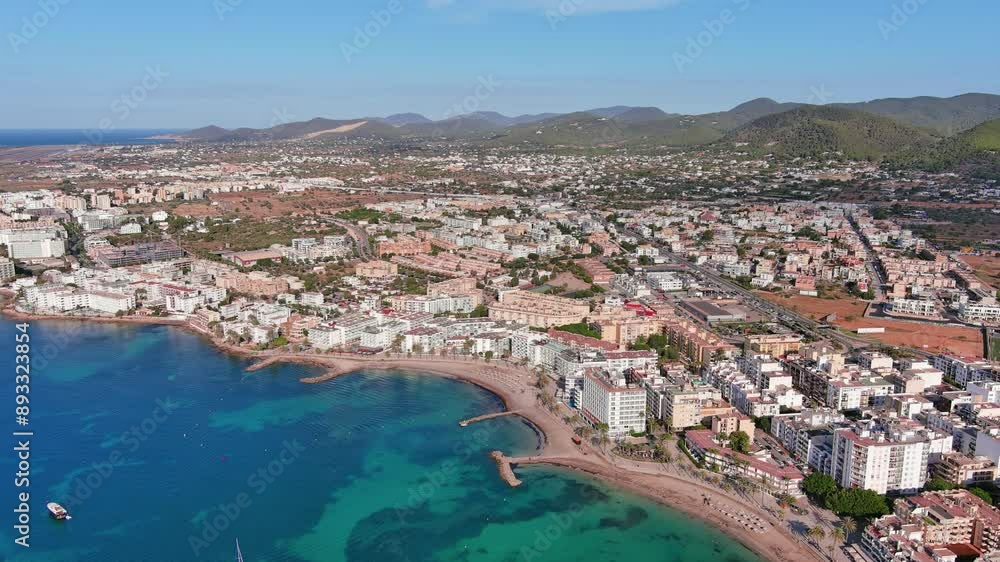 Ibiza Town, Spain: Aerial view of capital city of Ibiza island, Figueretas Beach (Platja de ses Figueretes), summer day with clear blue sky - landscape panorama of Europe from above
Ibiza Town, Spain: Aerial view of capital city of Ibiza island, Figueretas Beach (Platja de ses Figueretes), summer day with clear blue sky - landscape panorama of Europe from above