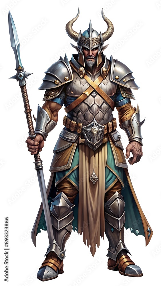 Fototapeta premium A fantasy warrior with horns a helmet and armor stands prepared with a spear in hand