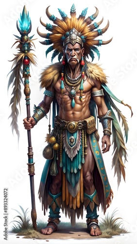 Wallpaper Mural A weathered warrior stands tall adorned in ornate tribal attire and clutching a ceremonial staff Torontodigital.ca