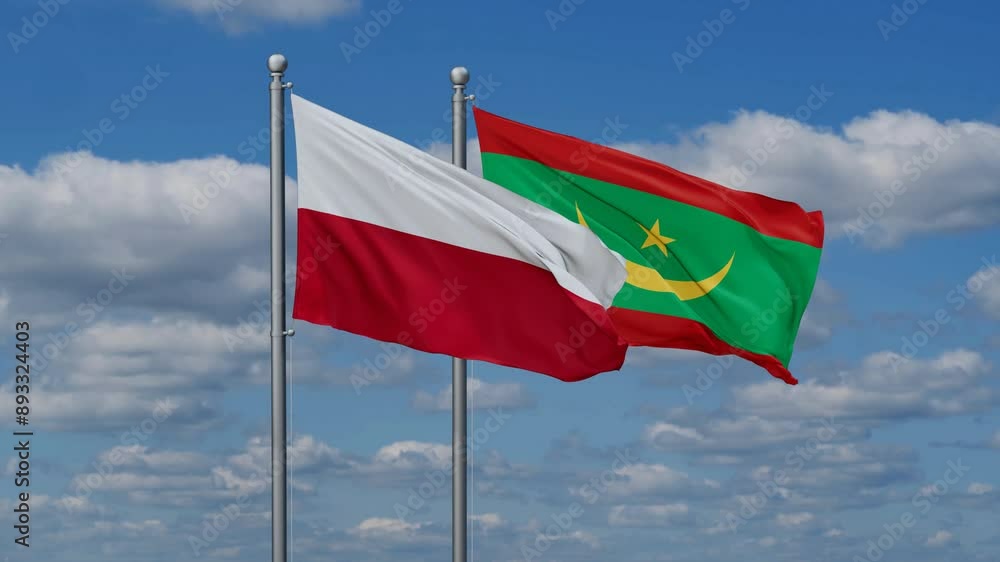 Mauritania and Poland flags flying together, video concept of the relationship, two country relations concept Mauritania and Poland flags flying together, video concept of the relationship, two country relations concept
