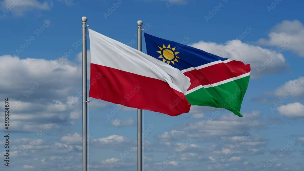 Poland and Namibia flags flying together, video concept of the relationship, two country relations concept Poland and Namibia flags flying together, video concept of the relationship, two country relations concept