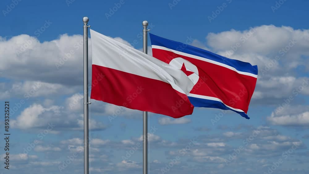 North Korea and Poland flags flying together, video concept of the relationship North Korea and Poland flags flying together, video concept of the relationship