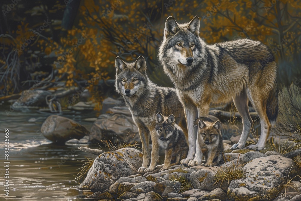 Obraz premium Gray Wolf family at waters edge