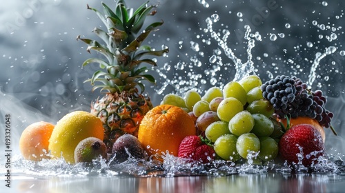 Fototapeta Naklejka Na Ścianę i Meble -  Fresh fruits splashing in water for a vibrant display
