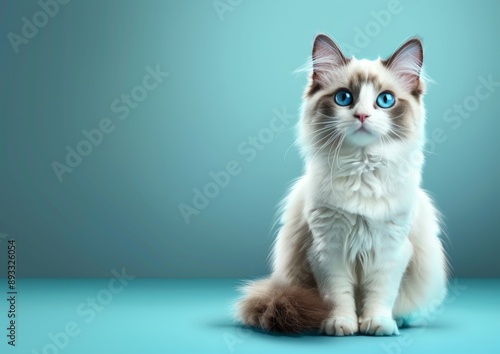 Cute smiling Ragdoll Cat sitting on blue background, realistic HD photography