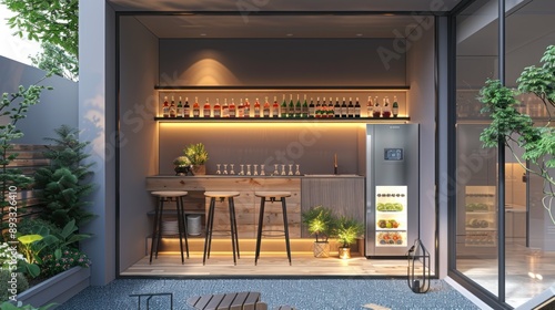 Wallpaper Mural Minimalist outdoor bar with sleek countertop, high stools, small fridge. Torontodigital.ca