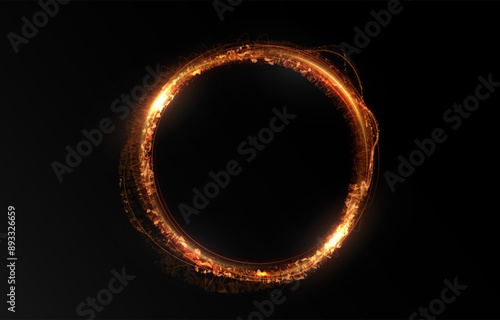 Vector light line effect of golden circle. Luminous fire trail on a transparent background. Light round line with an advantage effect. Golden dust circle light png.	
