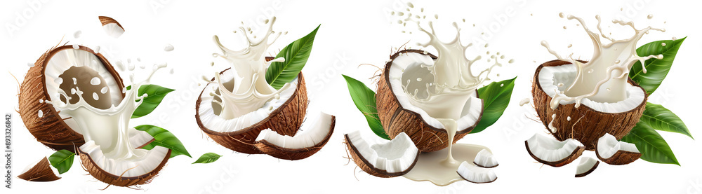 Set of fresh coconuts splashing milk and leaves, cut out Set of fresh coconuts splashing milk and leaves, cut out