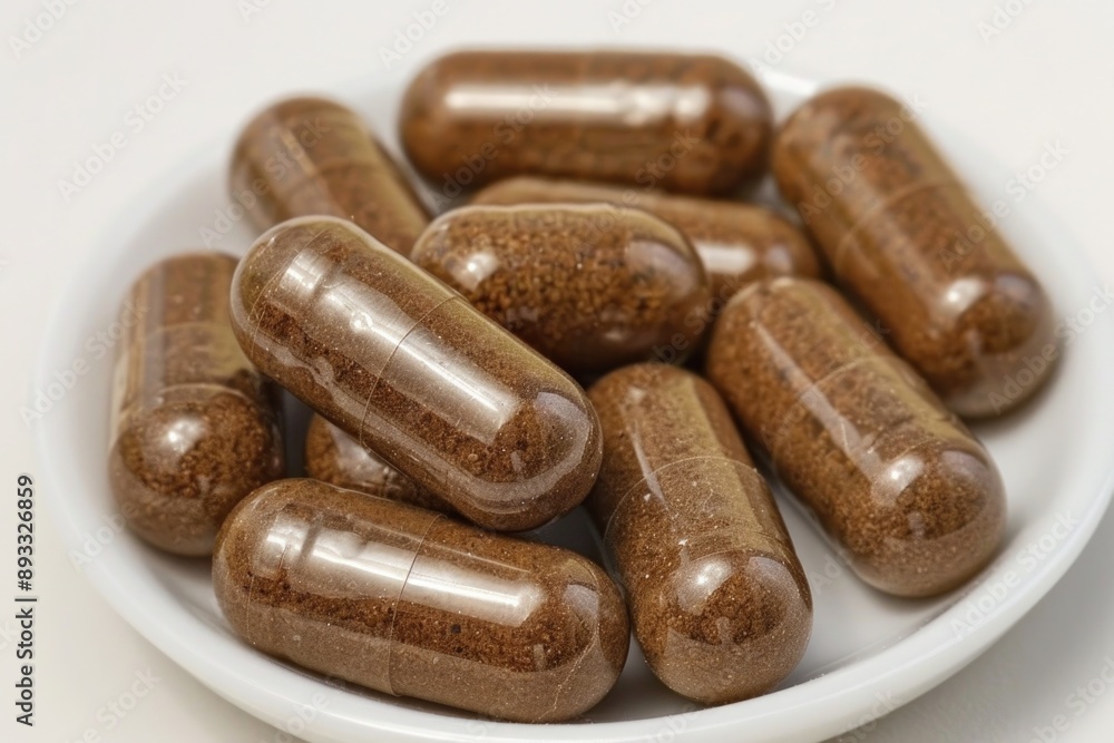 Diet Supplement. Brown and Green Herbal Capsules for Health Nourishment Diet Supplement. Brown and Green Herbal Capsules for Health Nourishment