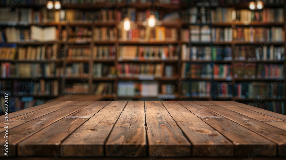 Book Display. Empty Wooden Table Top in Bookstore Background with Blur Bookshelves Book Display. Empty Wooden Table Top in Bookstore Background with Blur Bookshelves