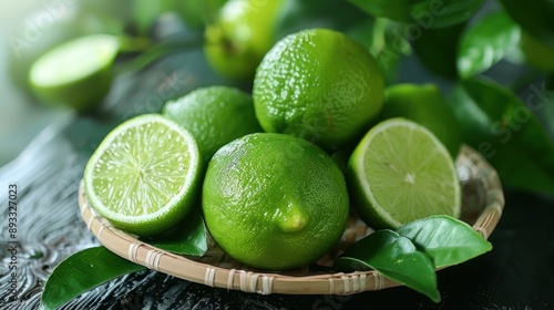 Fresh green limes arranged in a basket with leaves © rawdesign