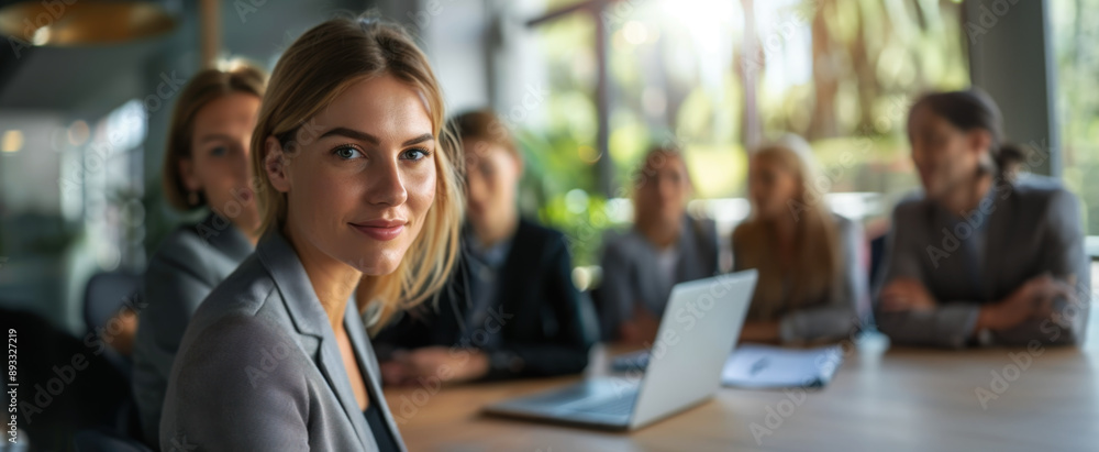 portrait of a young businesswoman with her team in a conference room, sitting at a table and working on a laptop computer during a meeting portrait of a young businesswoman with her team in a conference room, sitting at a table and working on a laptop computer during a meeting