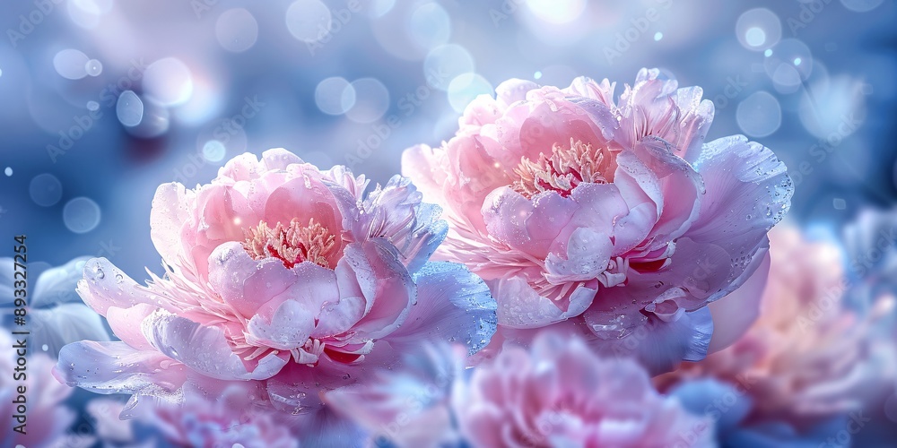 Soft focus image of pastel pink peonies with dew. Soft focus image of pastel pink peonies with dew.