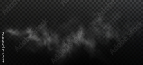 Vector isolated smoke PNG. White smoke texture on a transparent black background. Special effect of steam, smoke, fog.
