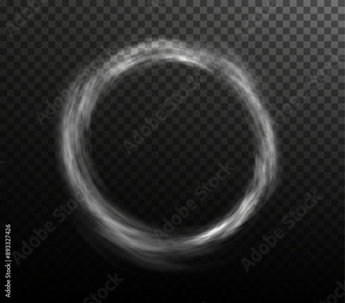 White smoke ring puff isolated on transparent black background. PNG. Steam explosion special effect. Effective texture of steam, fog, smoke png. Vector.	
