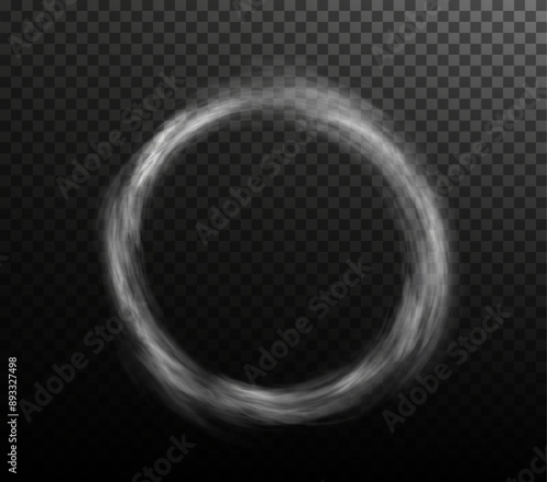 White smoke ring puff isolated on transparent black background. PNG. Steam explosion special effect. Effective texture of steam, fog, smoke png. Vector.	
