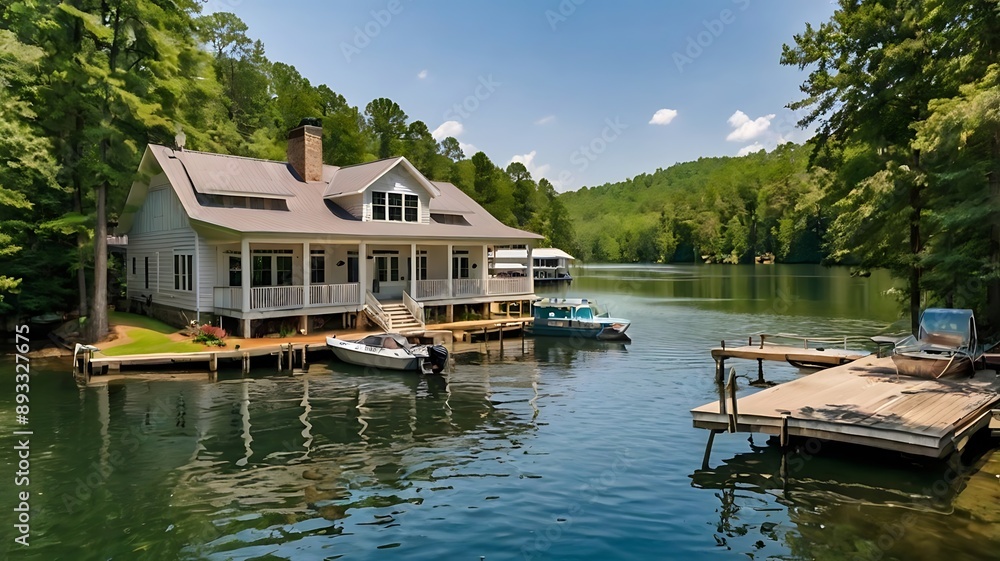 Obraz premium large house on a grassy peninsula overlooking a lake