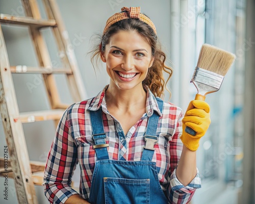 woman in overalls carrying paint brush (smiling), home diy renovation and painting photo