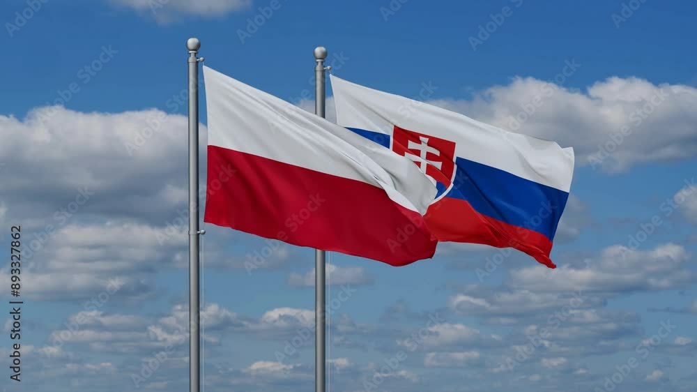 Slovak Republic or Slovakia and Poland flags flying together, video concept of the relationship, two country cooperation concept Slovak Republic or Slovakia and Poland flags flying together, video concept of the relationship, two country cooperation concept