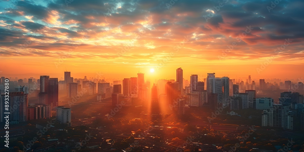 Fototapeta premium Majestic sunrise over a captivating city skyline with towering skyscrapers and a vibrant golden sky