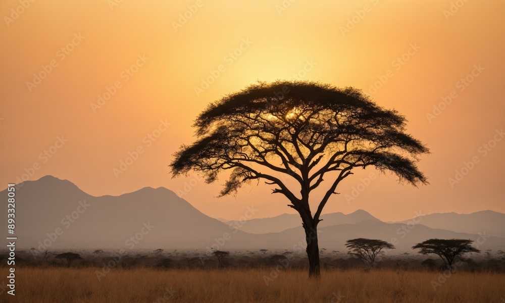 Sunset over a savanna landscape with a lone tree Sunset over a savanna landscape with a lone tree