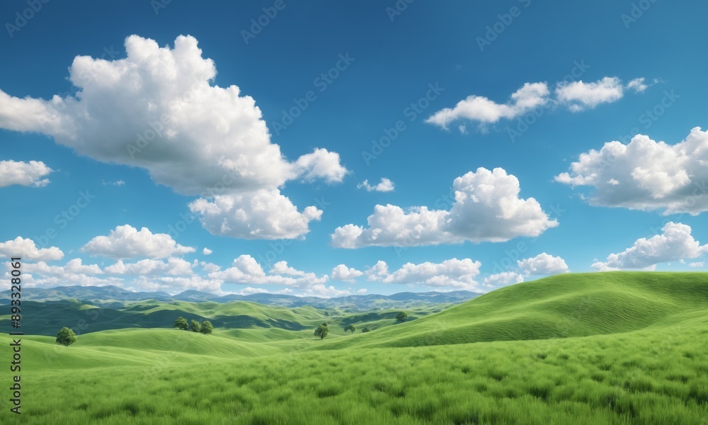 Rolling green hills under a blue sky with white clouds Rolling green hills under a blue sky with white clouds