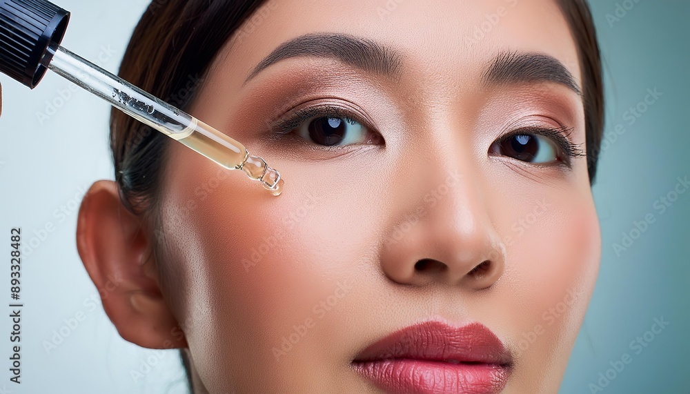 Asian Woman holding a Pipette with Skincare Serum - Applying Serum to her Face - Hyaluronic Acid, Anti Aging, Moisturiser, Repair, Hydrating, Vitamin, Ascorbic, Retinol, Exfoliant, Azelaic Asian Woman holding a Pipette with Skincare Serum - Applying Serum to her Face - Hyaluronic Acid, Anti Aging, Moisturiser, Repair, Hydrating, Vitamin, Ascorbic, Retinol, Exfoliant, Azelaic